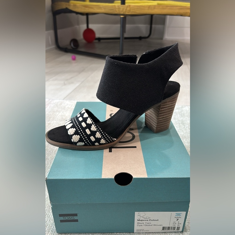 Toms Black and White Heeled Mules with Studded Strap